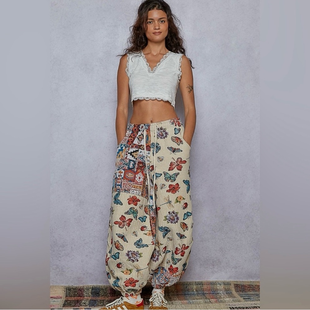 290 - POL Multicolor Butterfly and Floral Patchwork Joggers - Picture 3 of 6